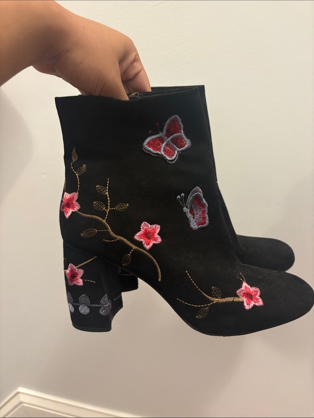 Nanette Lepore Black Suede Embroidered Butterfly & Floral Ankle Boots